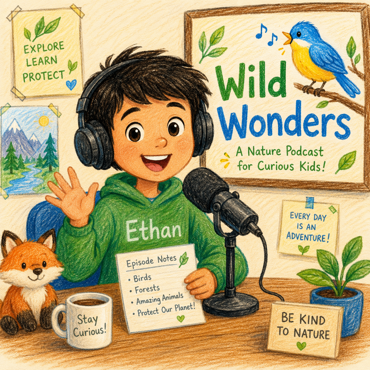 Illustrated portrait of Ethan, host of Kid Podcaster, wearing headphones