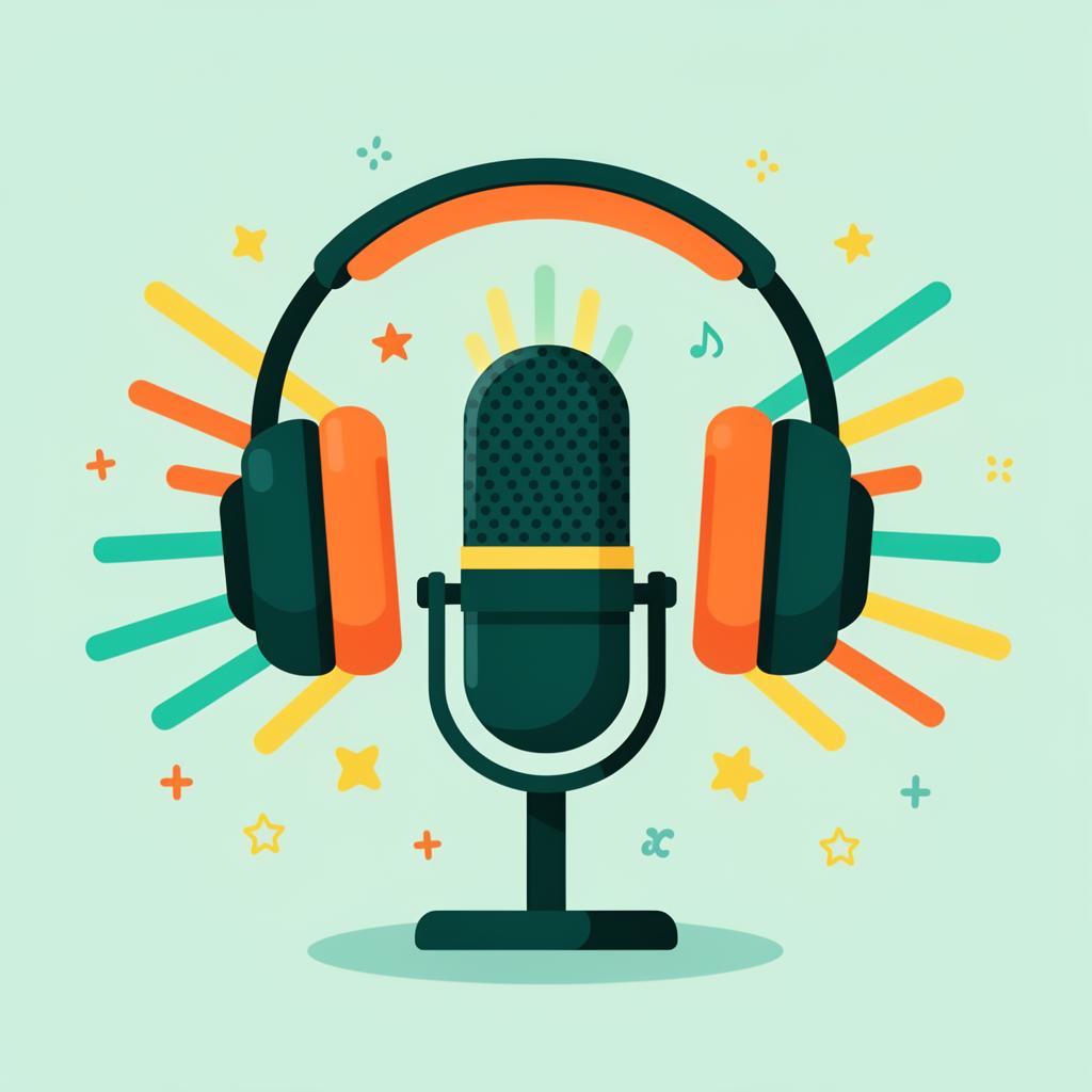 Illustrated kid's podcast studio with microphone, headphones, and sound waves